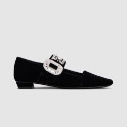 ROGER VIVIER 로저비비에 여성용 크리스탈 벨벳 메리 제인 발레 플랫 0074